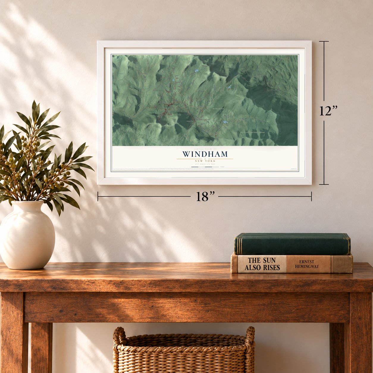 Windham, New York map, 12 x 18 inch print in a white frame in an entryway