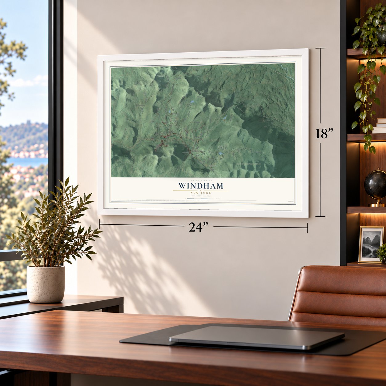 Windham, New York map, 18 x 24 inch print in a white frame in a home office