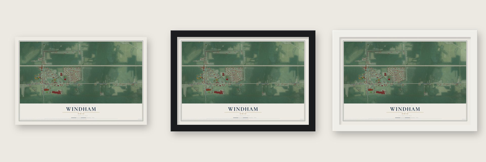 Windham, Ohio map unframed, in a black wood frame and in a white wood frame