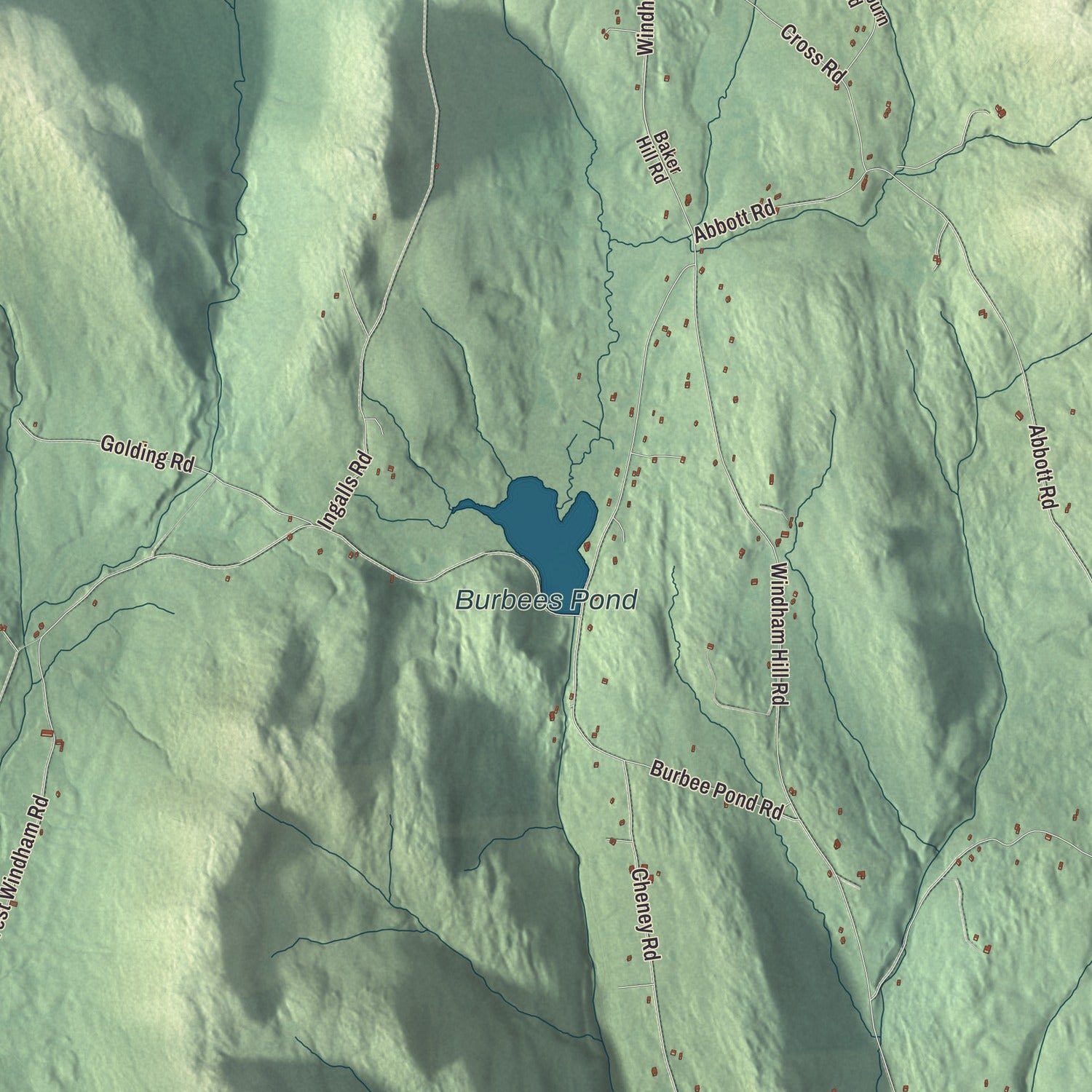 Close-up of the map of Windham, Vermont print showing terrain and local geography