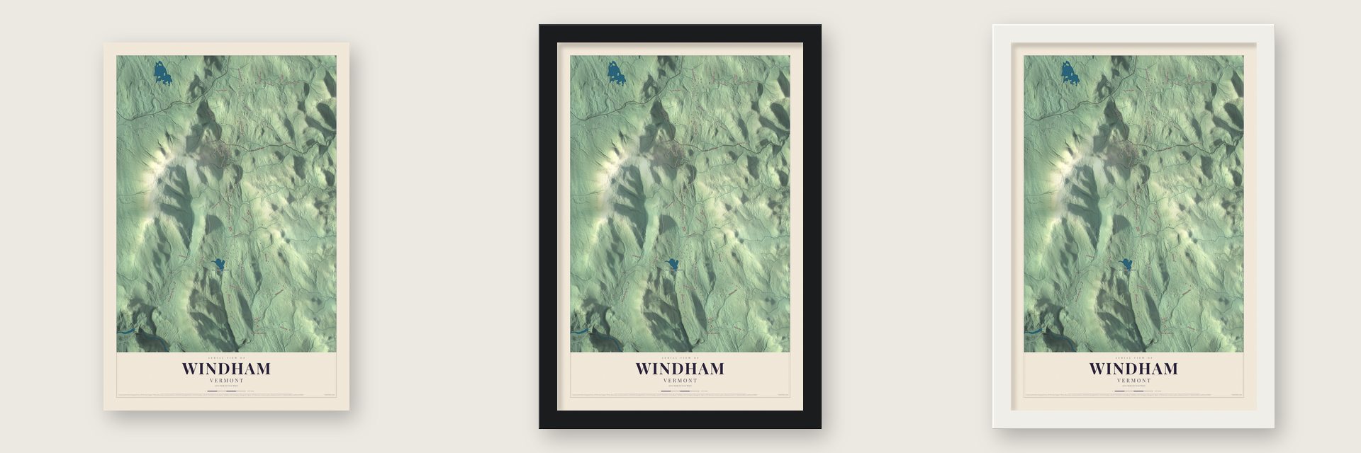 Windham, Vermont map unframed, in a black wood frame and in a white wood frame