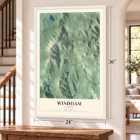 Windham, Vermont map, 24 x 36 inch print in a white frame by a staircase