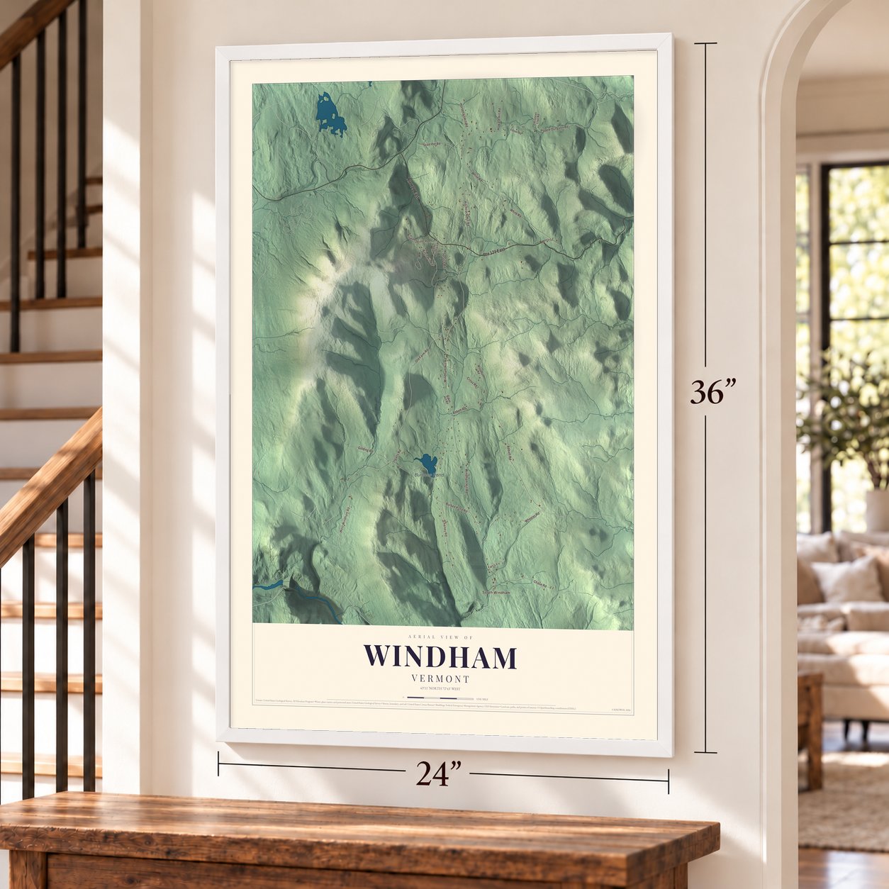 Windham, Vermont map, 24 x 36 inch print in a white frame by a staircase