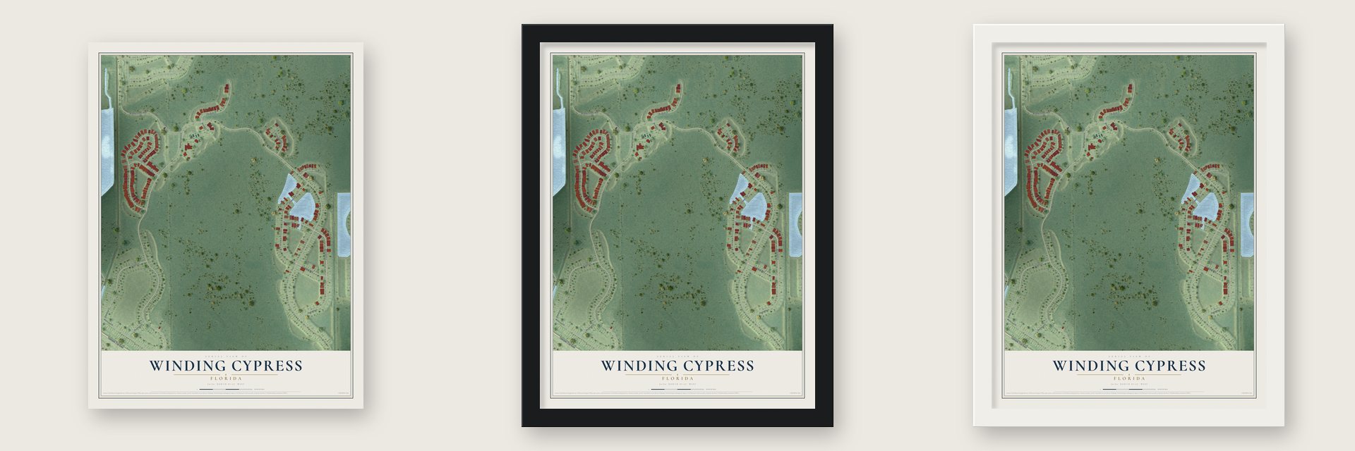 Winding Cypress, Florida map unframed, in a black wood frame and in a white wood frame