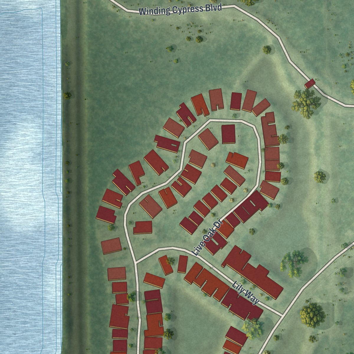 Second close-up of the map of Winding Cypress, Florida print showing more streets and buildings