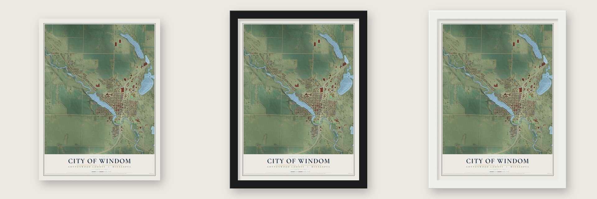 Windom, Minnesota map unframed, in a black wood frame and in a white wood frame