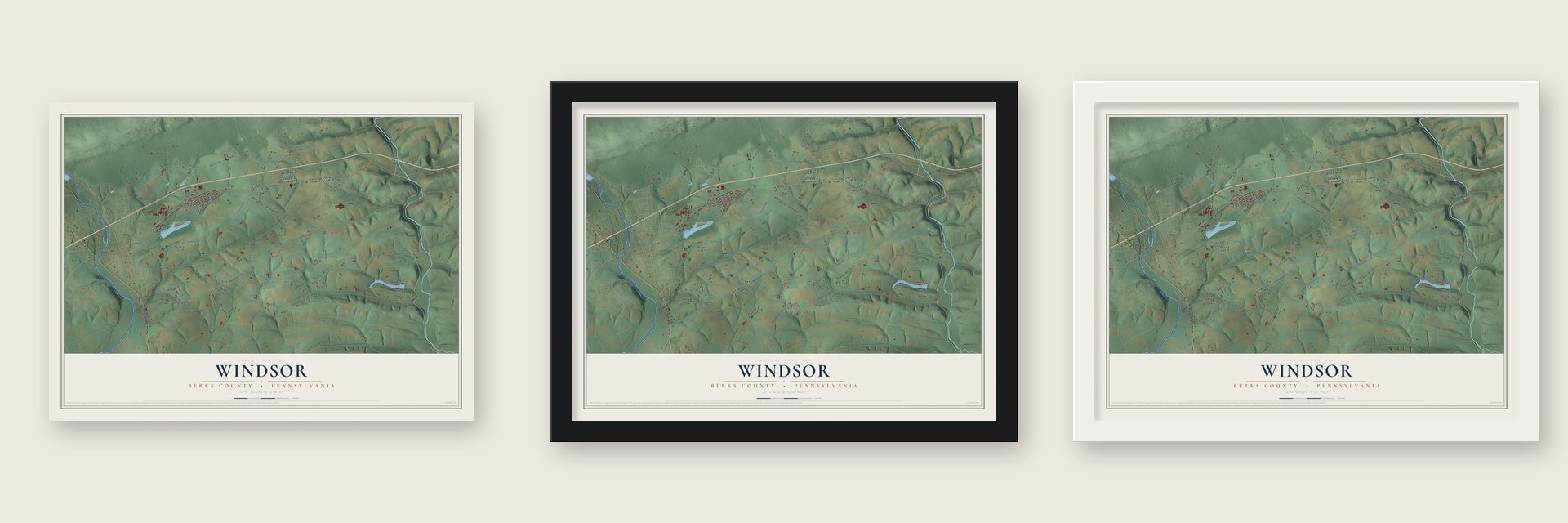 Windsor, Berks County, Pennsylvania map unframed, in a black wood frame and in a white wood frame