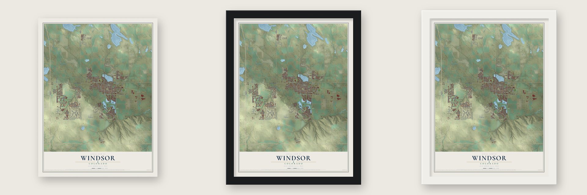 Windsor, Colorado map unframed, in a black wood frame and in a white wood frame