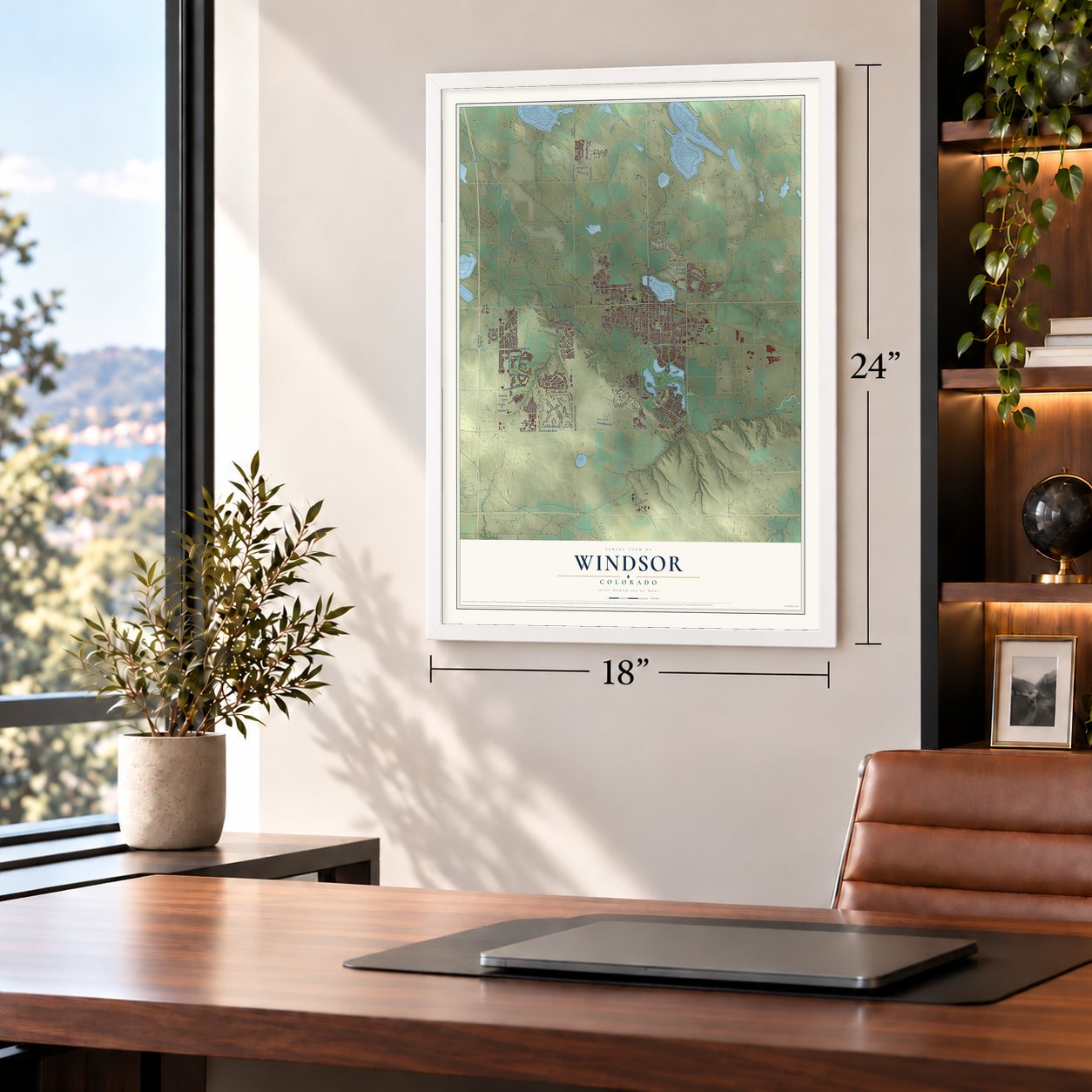 Windsor, Colorado map, 18 x 24 inch print in a white frame in a home office