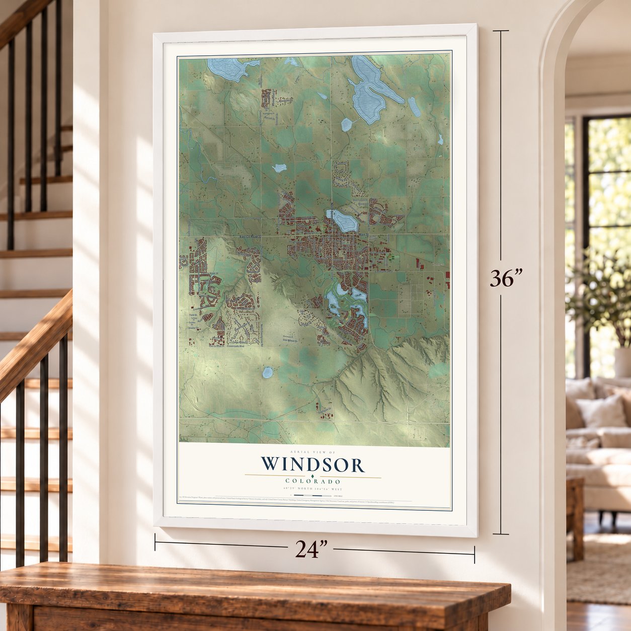 Windsor, Colorado map, 24 x 36 inch print in a white frame by a staircase
