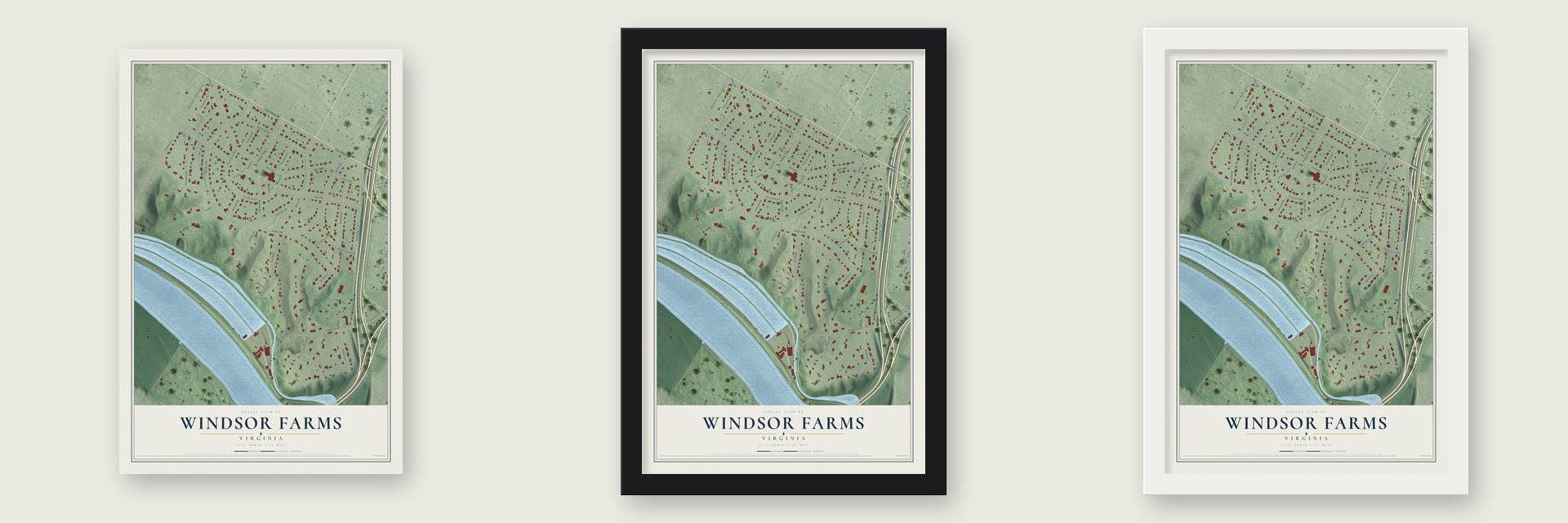 Windsor Farms, Virginia map unframed, in a black wood frame and in a white wood frame