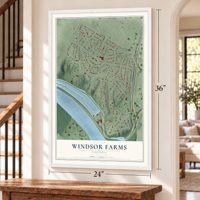 Windsor Farms, Virginia map, 24 x 36 inch print in a white frame by a staircase