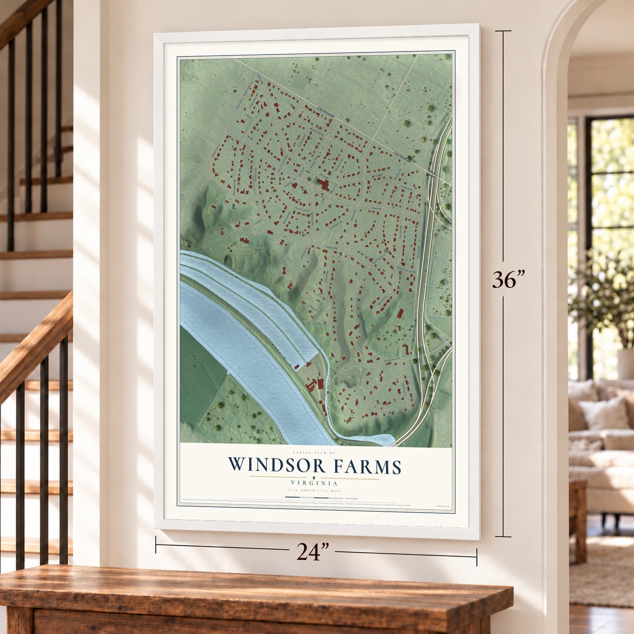 Windsor Farms, Virginia map, 24 x 36 inch print in a white frame by a staircase
