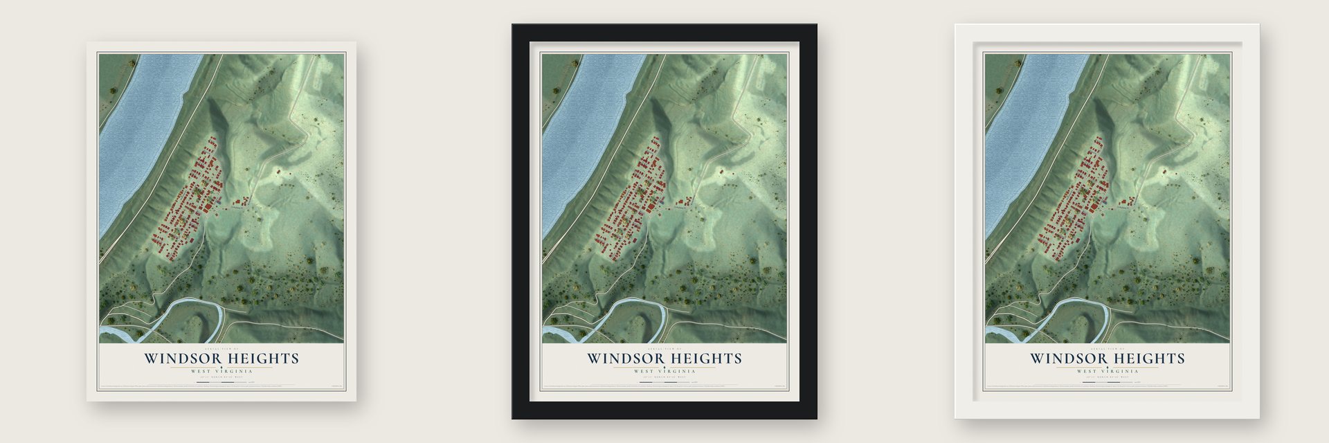 Windsor Heights, West Virginia map unframed, in a black wood frame and in a white wood frame