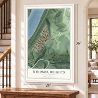 Windsor Heights, West Virginia map, 24 x 36 inch print in a white frame by a staircase