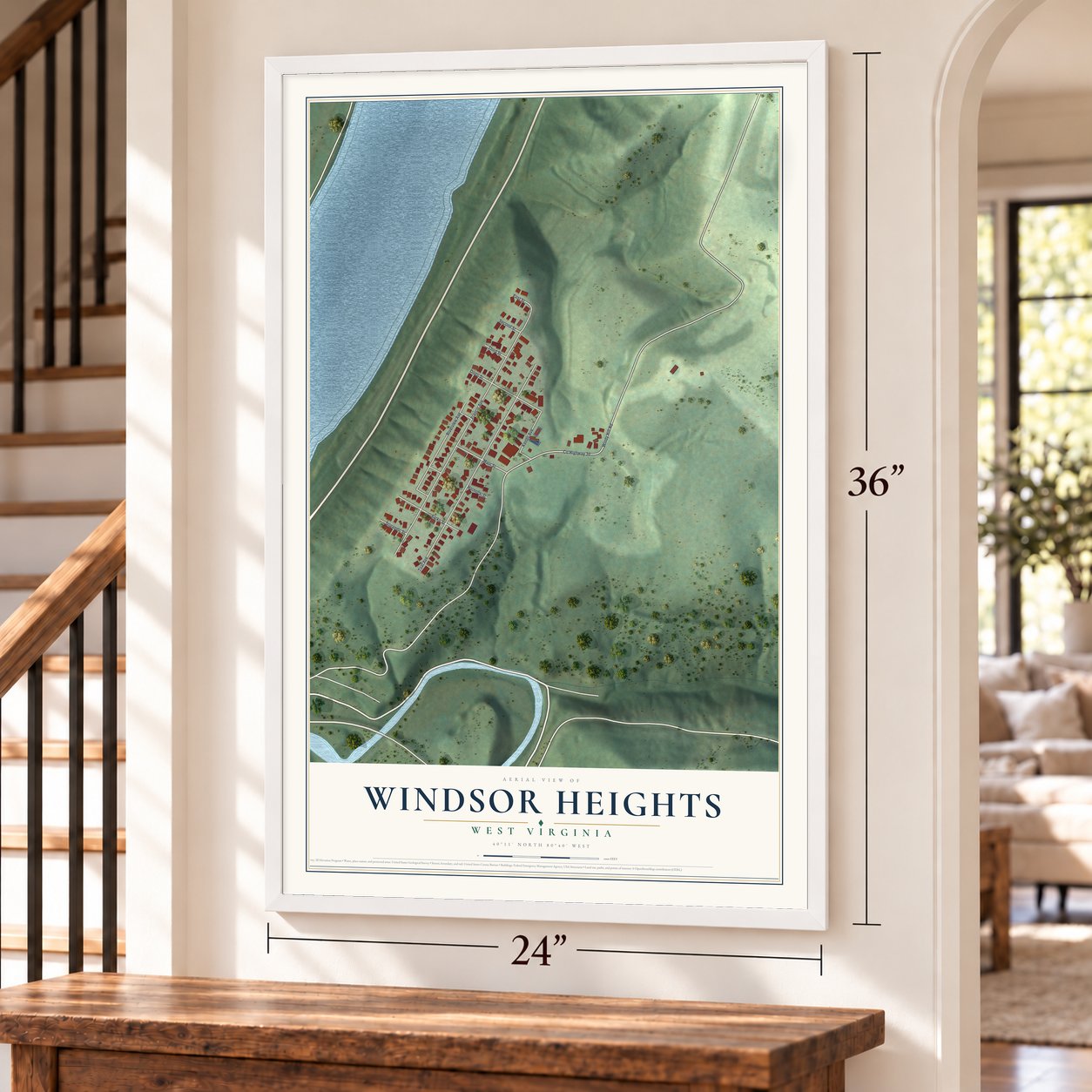 Windsor Heights, West Virginia map, 24 x 36 inch print in a white frame by a staircase