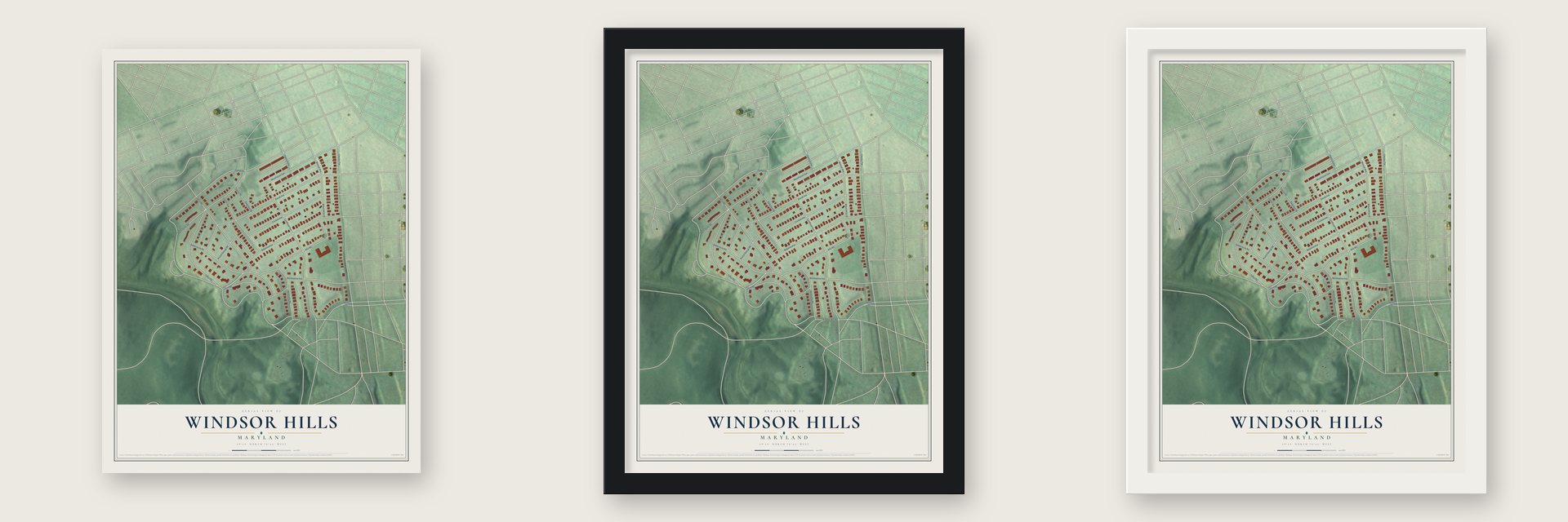 Windsor Hills, Maryland map unframed, in a black wood frame and in a white wood frame