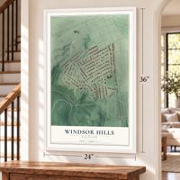 Windsor Hills, Maryland map, 24 x 36 inch print in a white frame by a staircase