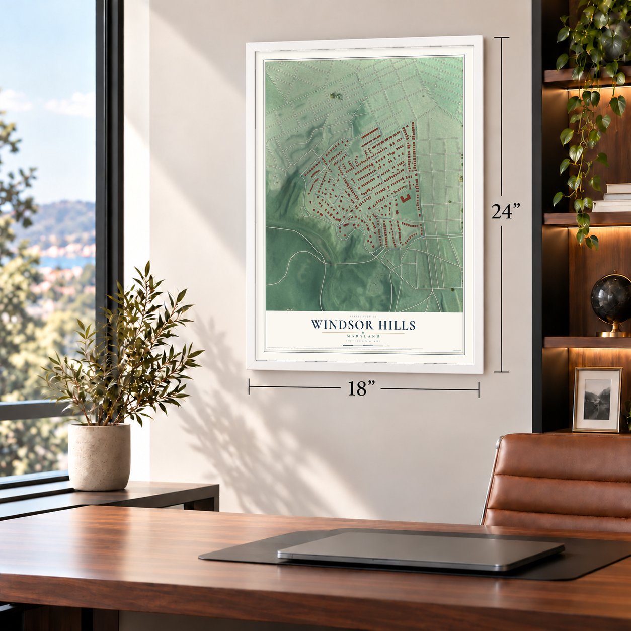 Windsor Hills, Maryland map, 18 x 24 inch print in a white frame in a home office