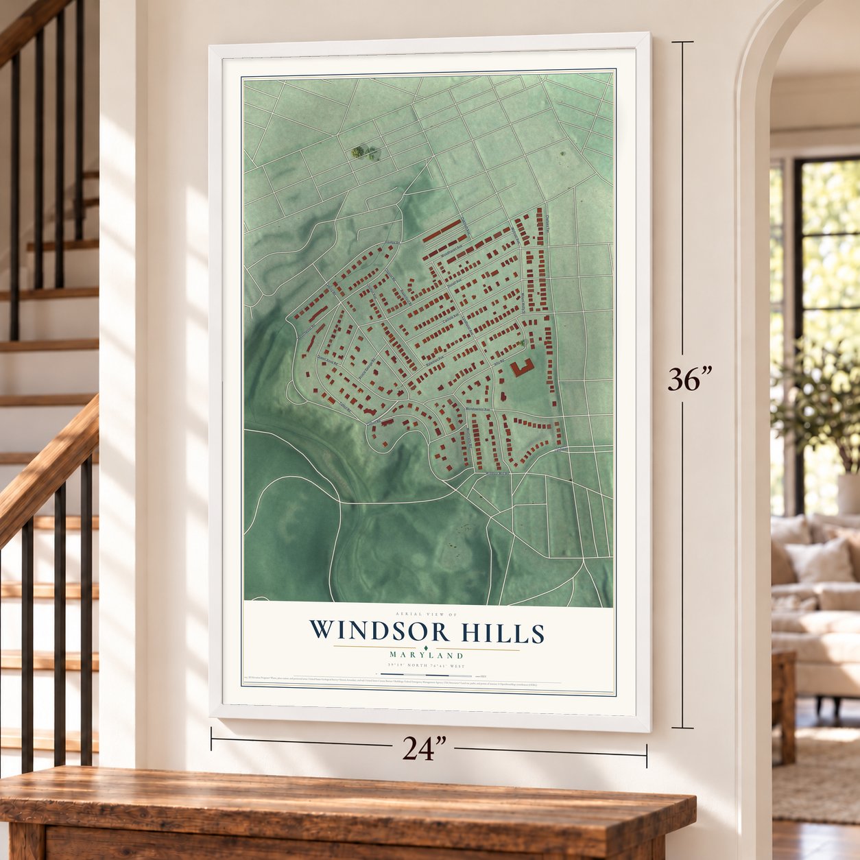 Windsor Hills, Maryland map, 24 x 36 inch print in a white frame by a staircase