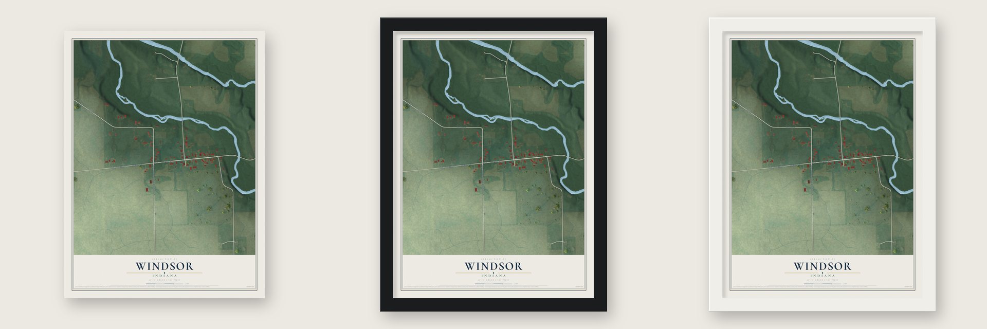 Windsor, Indiana map unframed, in a black wood frame and in a white wood frame