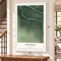 Windsor, Indiana map, 24 x 36 inch print in a white frame by a staircase