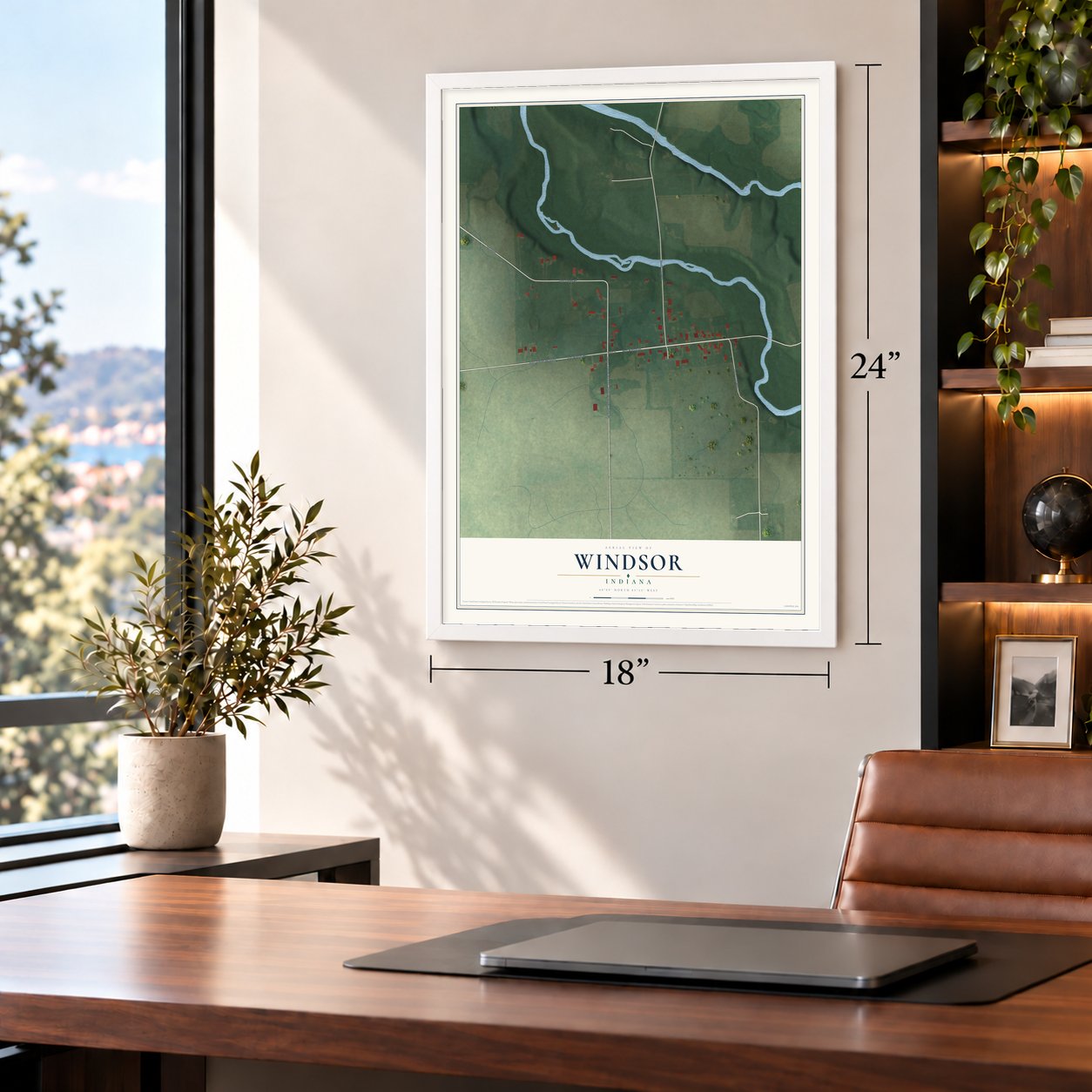 Windsor, Indiana map, 18 x 24 inch print in a white frame in a home office