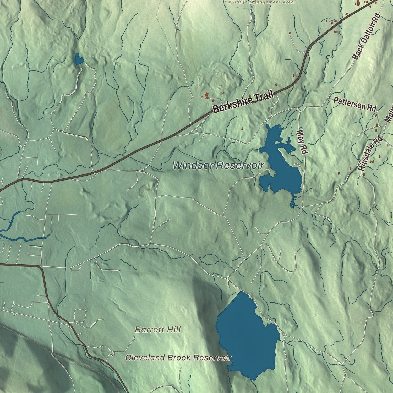 Close-up of the map of Windsor, Massachusetts print showing terrain and local geography