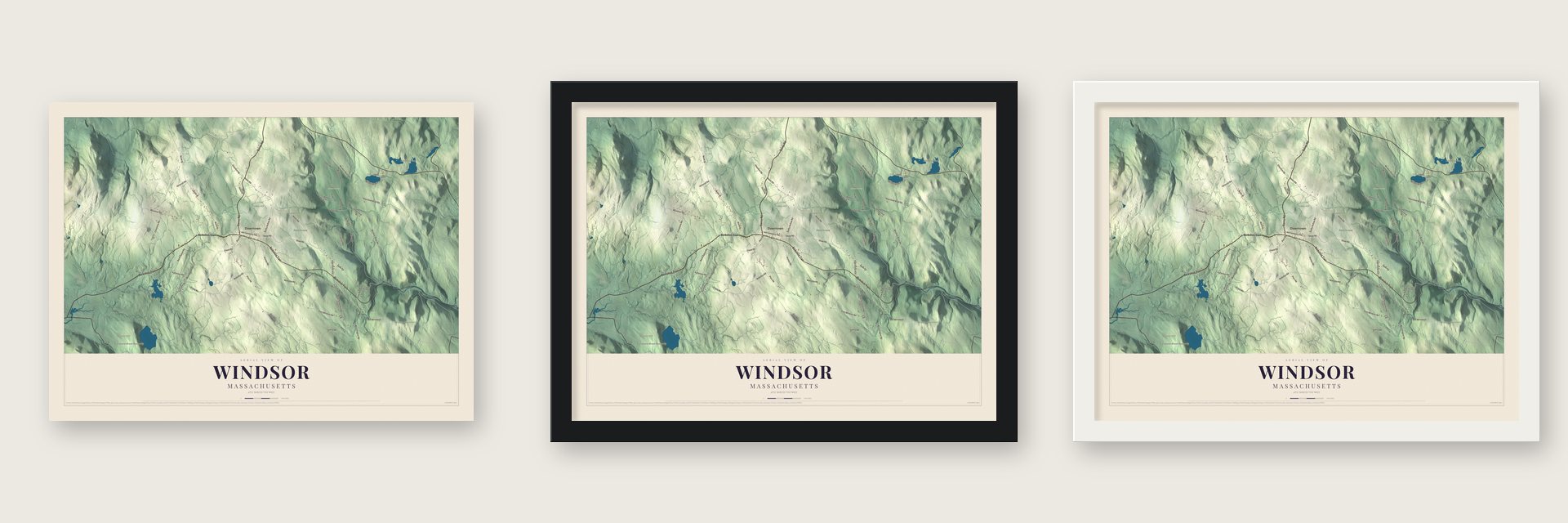Windsor, Massachusetts map unframed, in a black wood frame and in a white wood frame