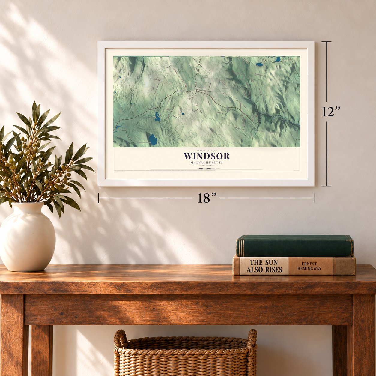 Windsor, Massachusetts map, 12 x 18 inch print in a white frame in an entryway