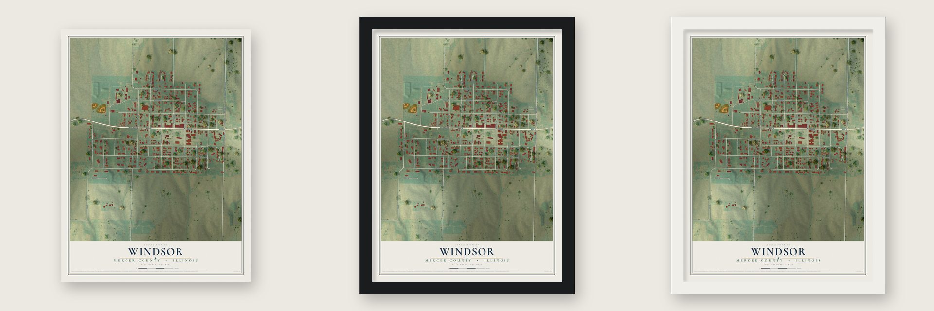 Windsor, Mercer County, Illinois map unframed, in a black wood frame and in a white wood frame