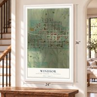 Windsor, Mercer County, Illinois map, 24 x 36 inch print in a white frame by a staircase