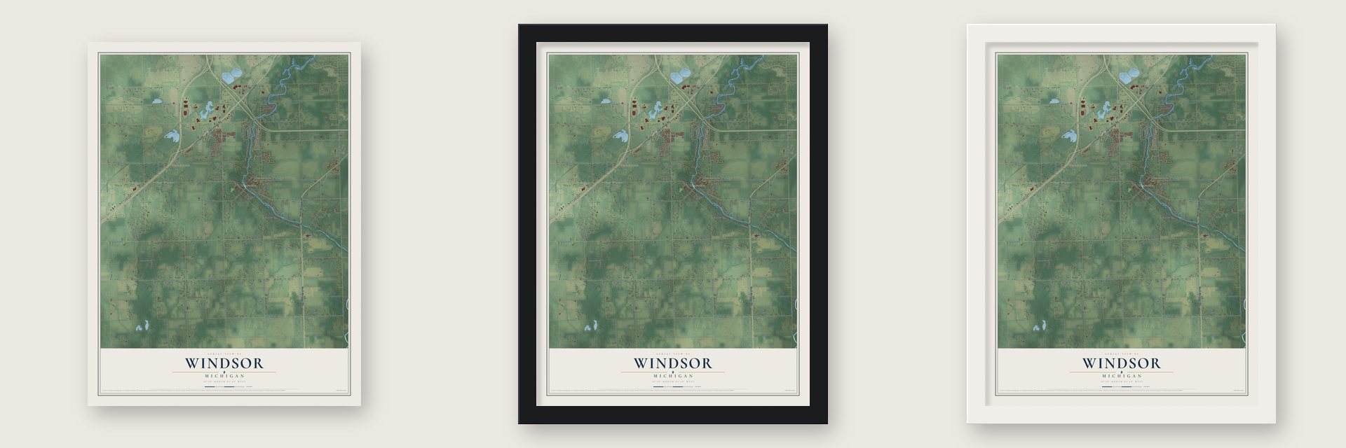 Windsor, Michigan map unframed, in a black wood frame and in a white wood frame