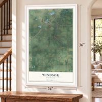 Windsor, Michigan map, 24 x 36 inch print in a white frame by a staircase