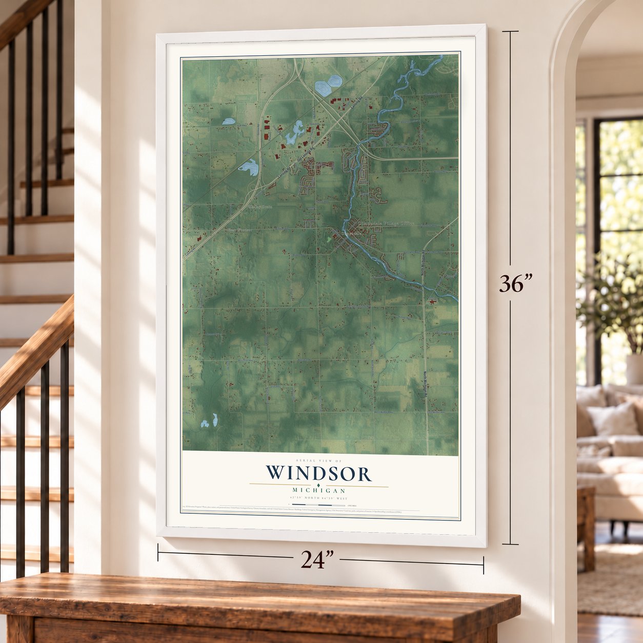 Windsor, Michigan map, 24 x 36 inch print in a white frame by a staircase