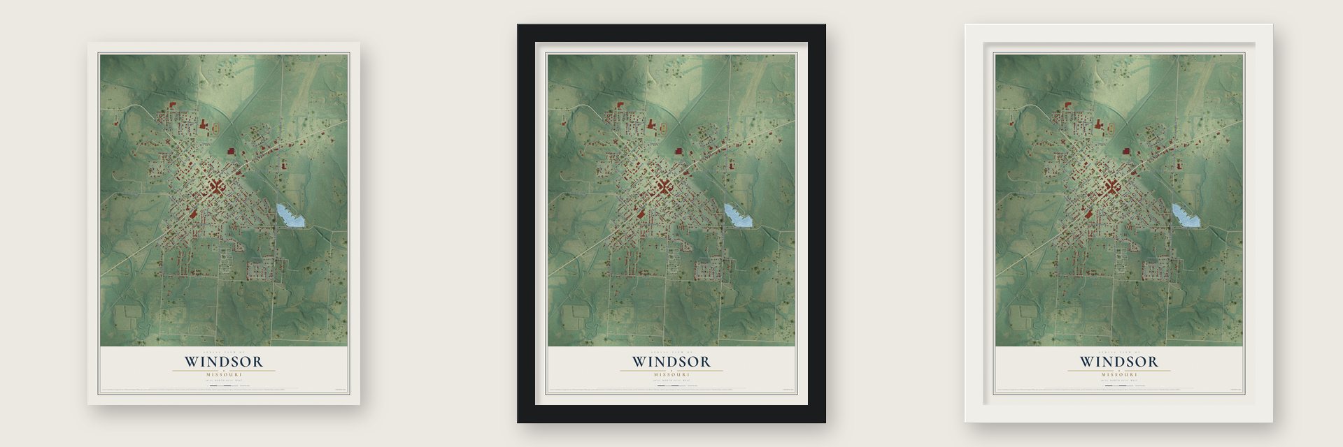 Windsor, Missouri map unframed, in a black wood frame and in a white wood frame