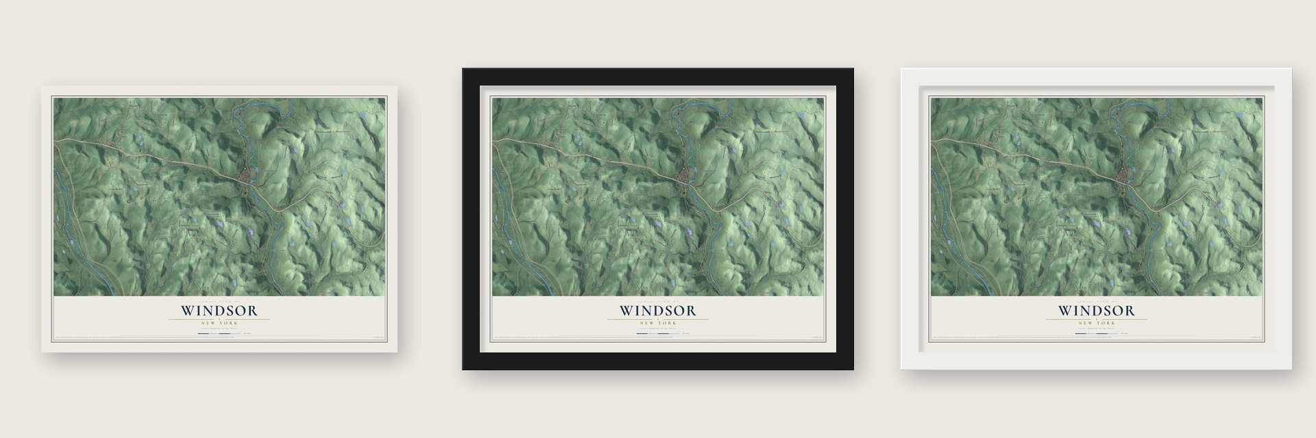 Windsor, New York map unframed, in a black wood frame and in a white wood frame