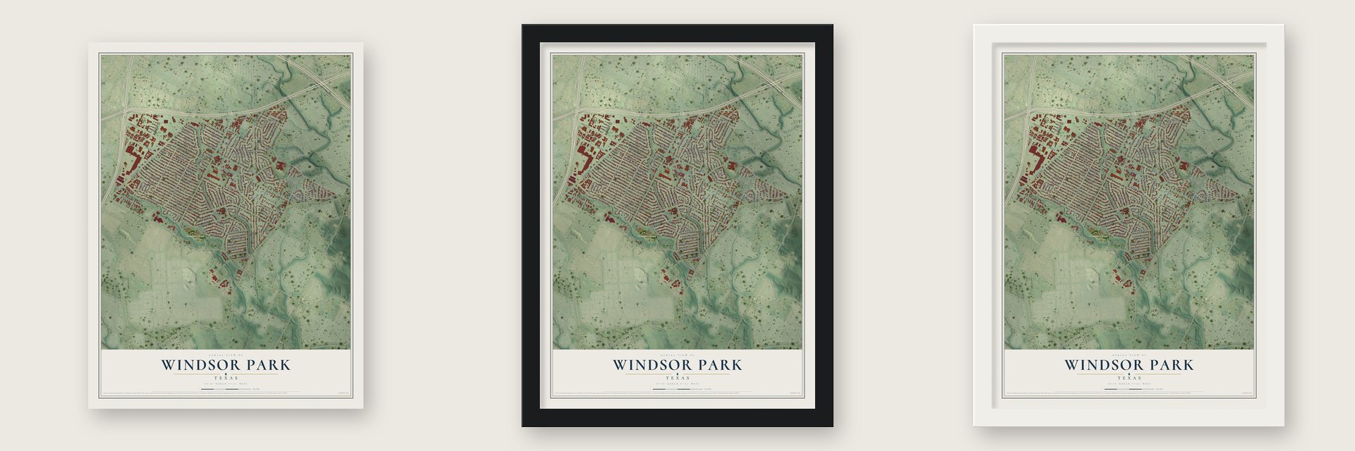 Windsor Park, Texas map unframed, in a black wood frame and in a white wood frame