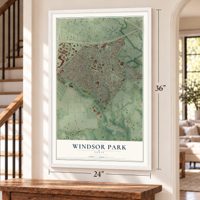 Windsor Park, Texas map, 24 x 36 inch print in a white frame by a staircase