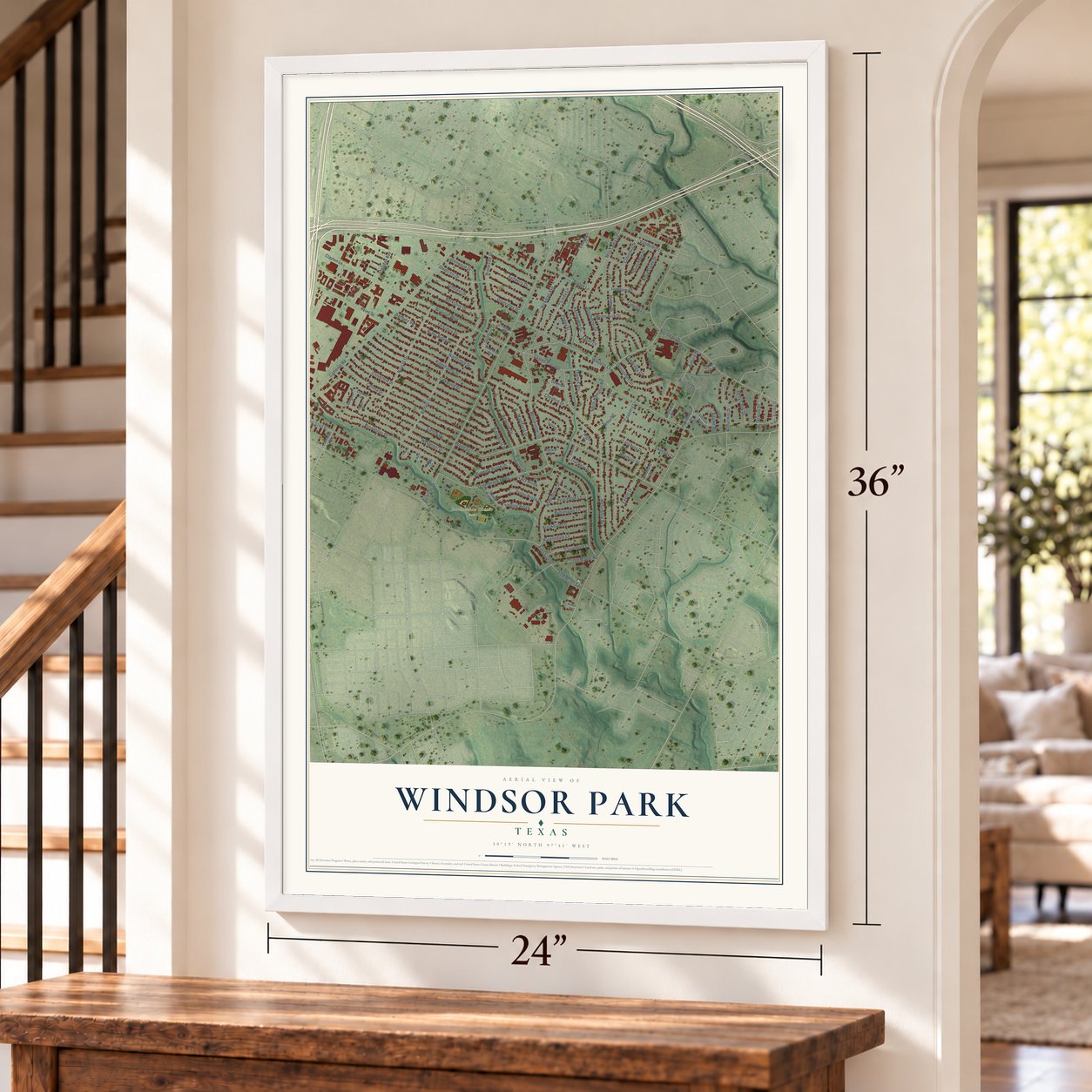 Windsor Park, Texas map, 24 x 36 inch print in a white frame by a staircase