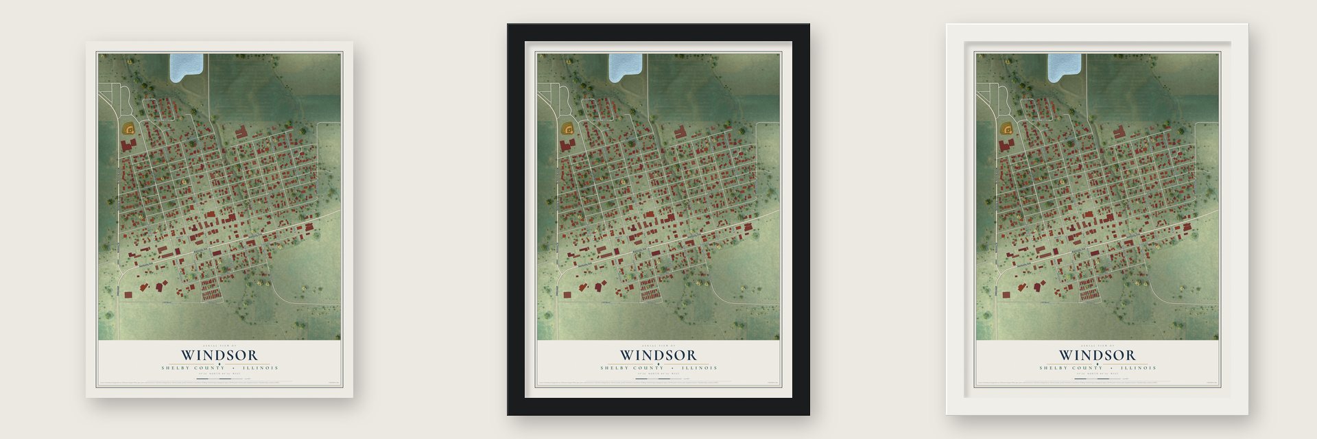 Windsor, Shelby County, Illinois map unframed, in a black wood frame and in a white wood frame