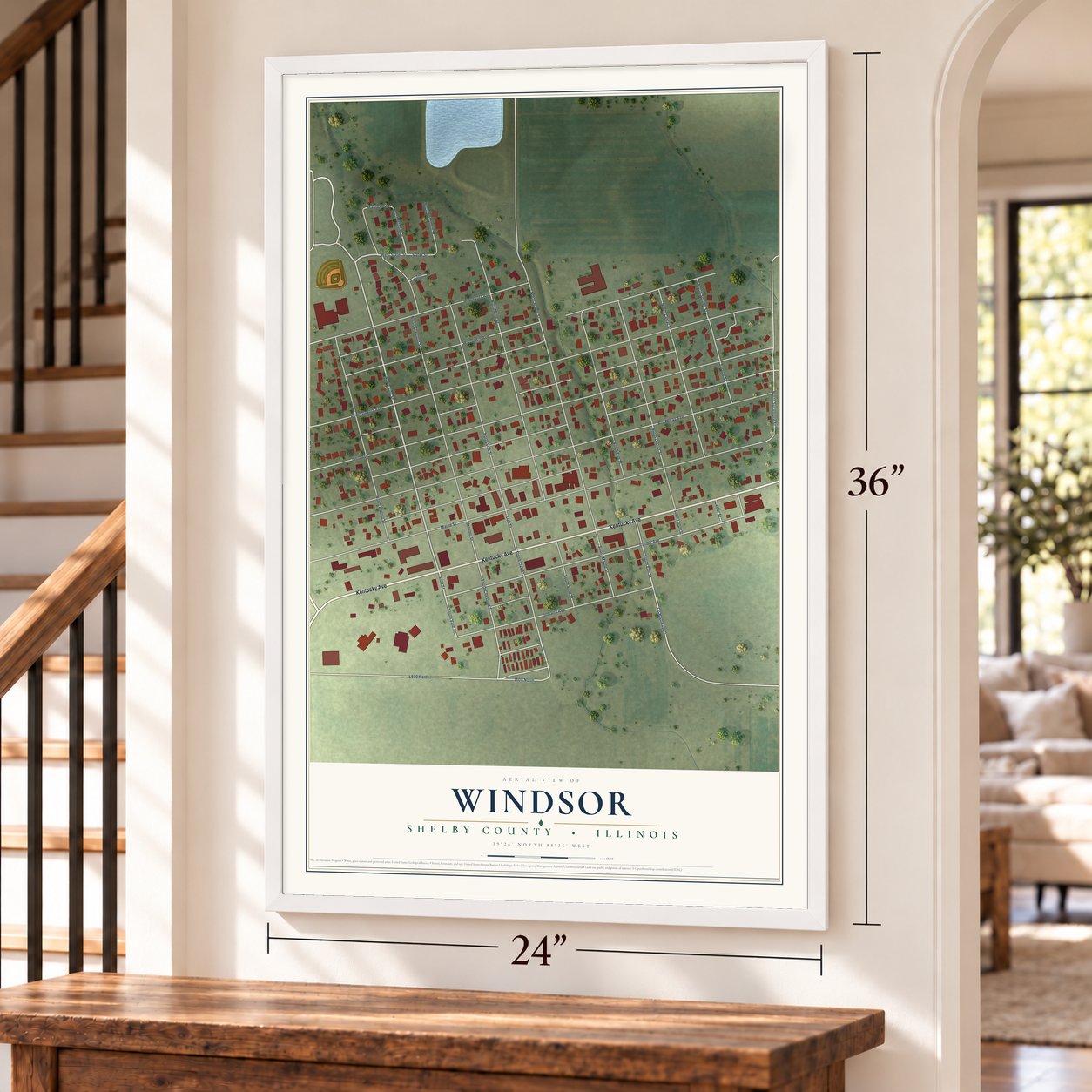 Windsor, Shelby County, Illinois map, 24 x 36 inch print in a white frame by a staircase
