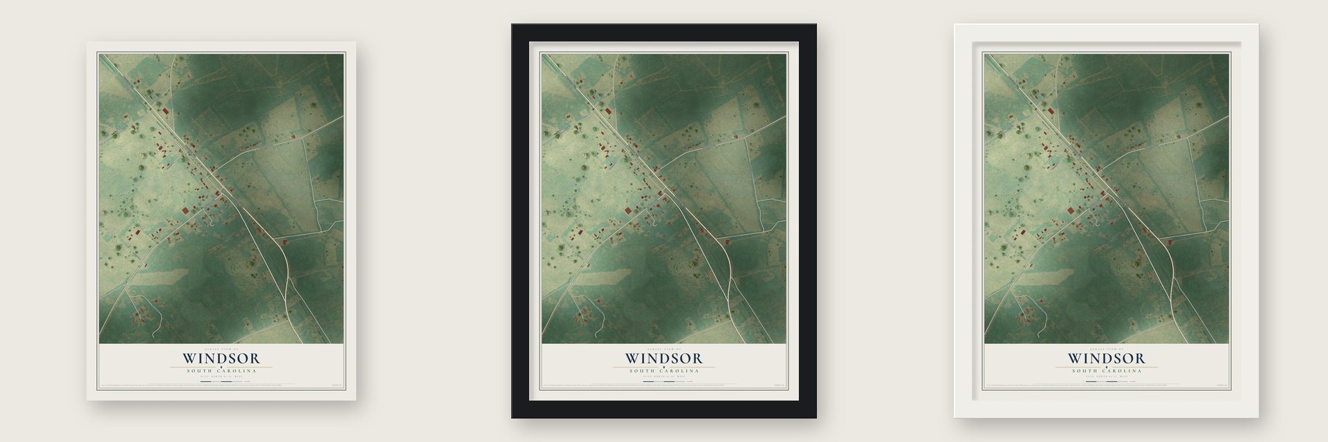Windsor, South Carolina map unframed, in a black wood frame and in a white wood frame