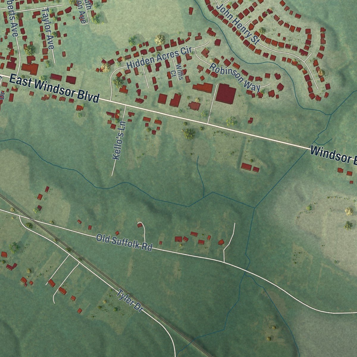 Second close-up of the map of Windsor, Virginia print showing more streets and buildings
