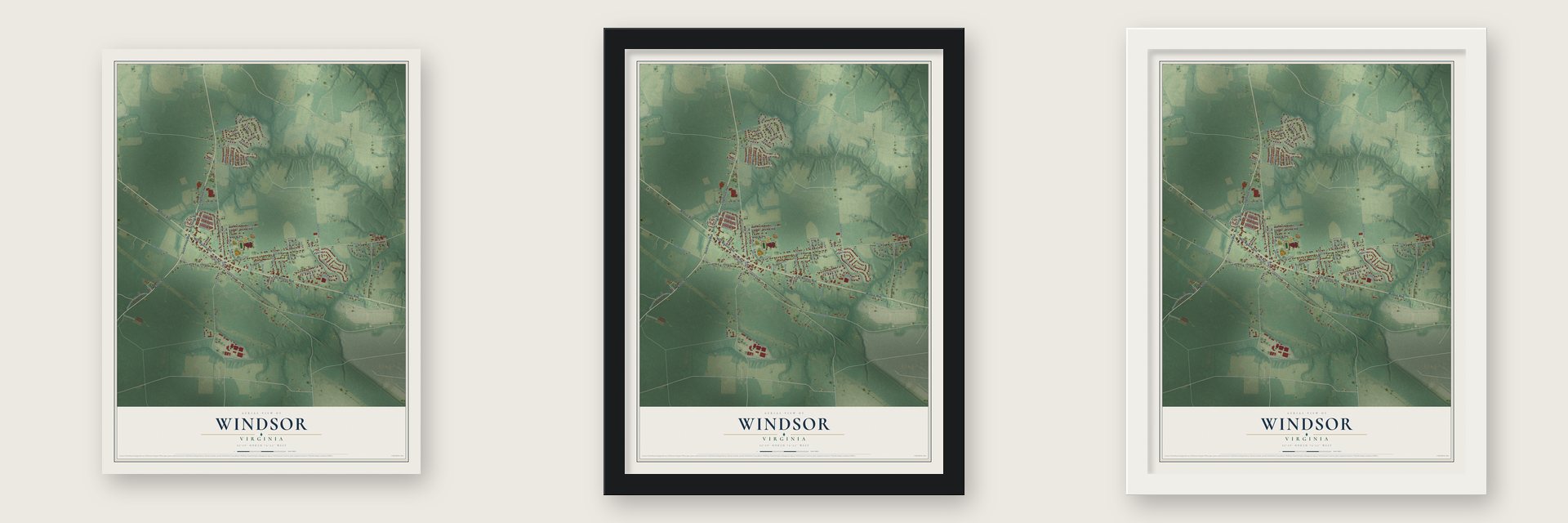 Windsor, Virginia map unframed, in a black wood frame and in a white wood frame