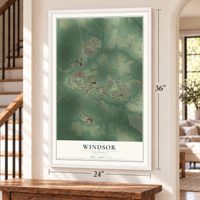 Windsor, Virginia map, 24 x 36 inch print in a white frame by a staircase