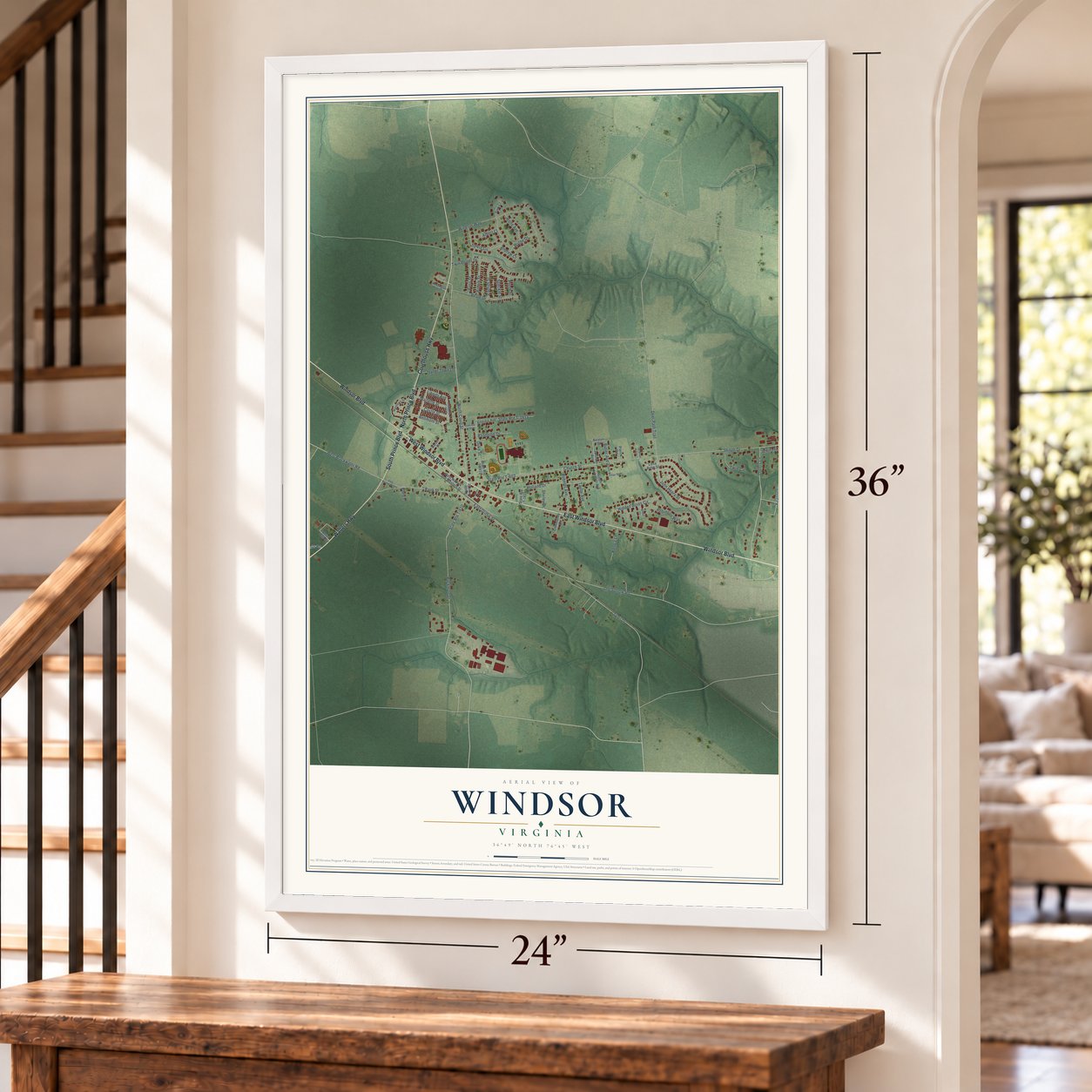 Windsor, Virginia map, 24 x 36 inch print in a white frame by a staircase