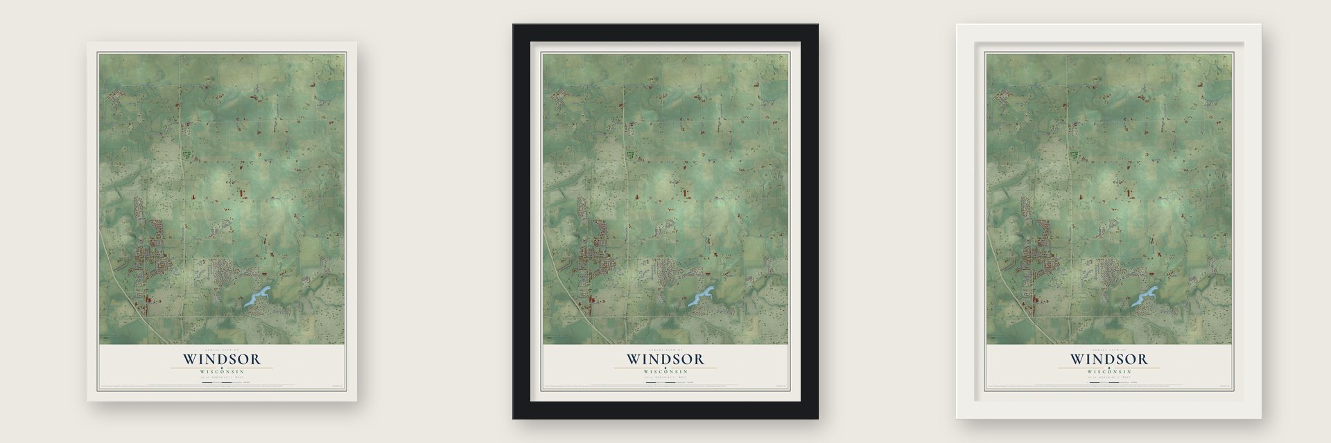 Windsor, Wisconsin map unframed, in a black wood frame and in a white wood frame
