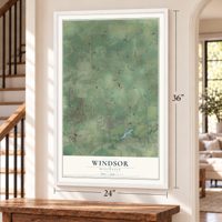 Windsor, Wisconsin map, 24 x 36 inch print in a white frame by a staircase