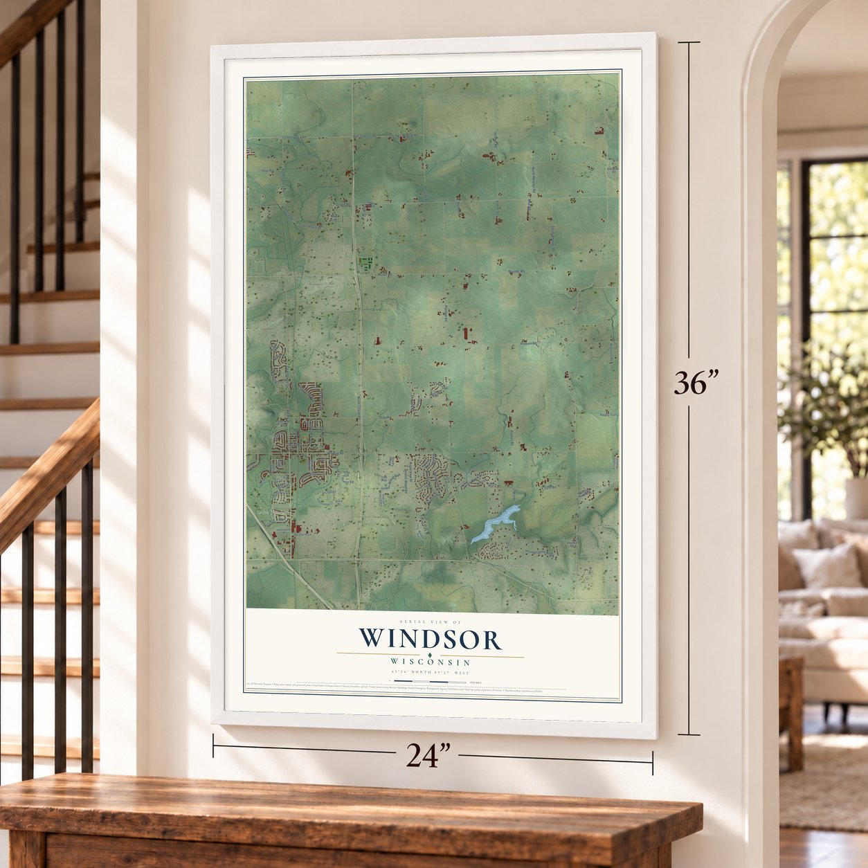 Windsor, Wisconsin map, 24 x 36 inch print in a white frame by a staircase
